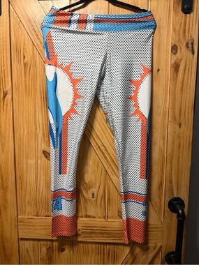 Women's White, Blue & Orange Printed Athletic Leggings Miami Dolphins